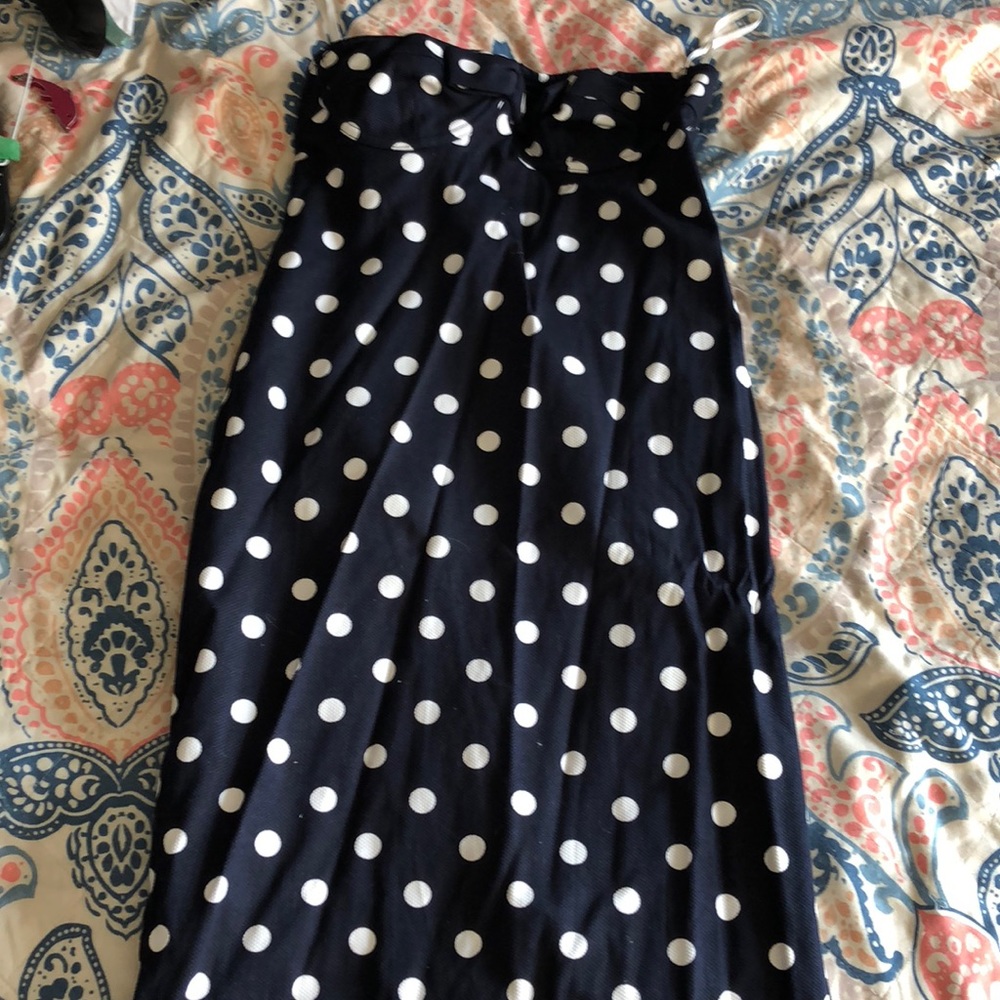 Navy & white polka dot strapless dress